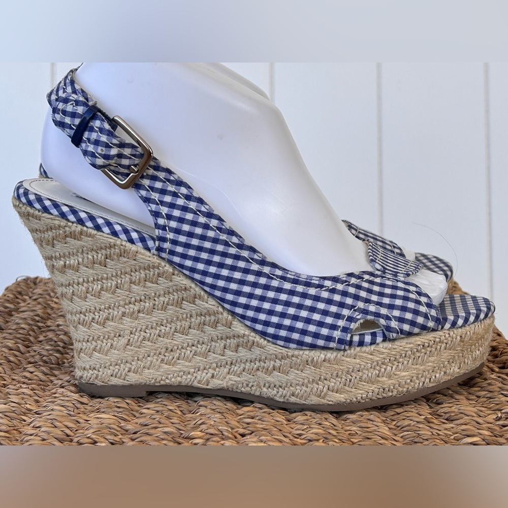 American Eagle Gingham Wedge Espadrille Sandal Blue/White Size‎ 8.5 - Picture 5 of 13